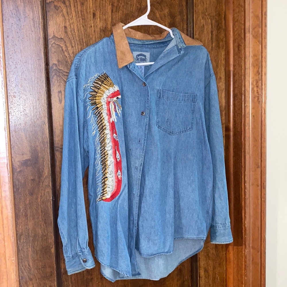 Vintage jean long sleeve with leather collar